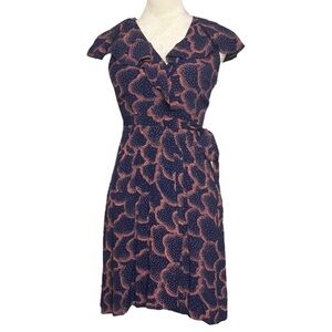 Anthropologie Maeve Rosalia Navy Coral Print Faux Wrap Dress